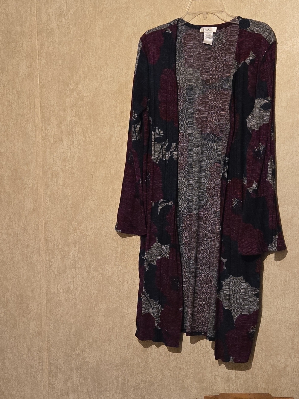 Open-Front Floral Longline Cardigan Sweater - Burgundy/Black